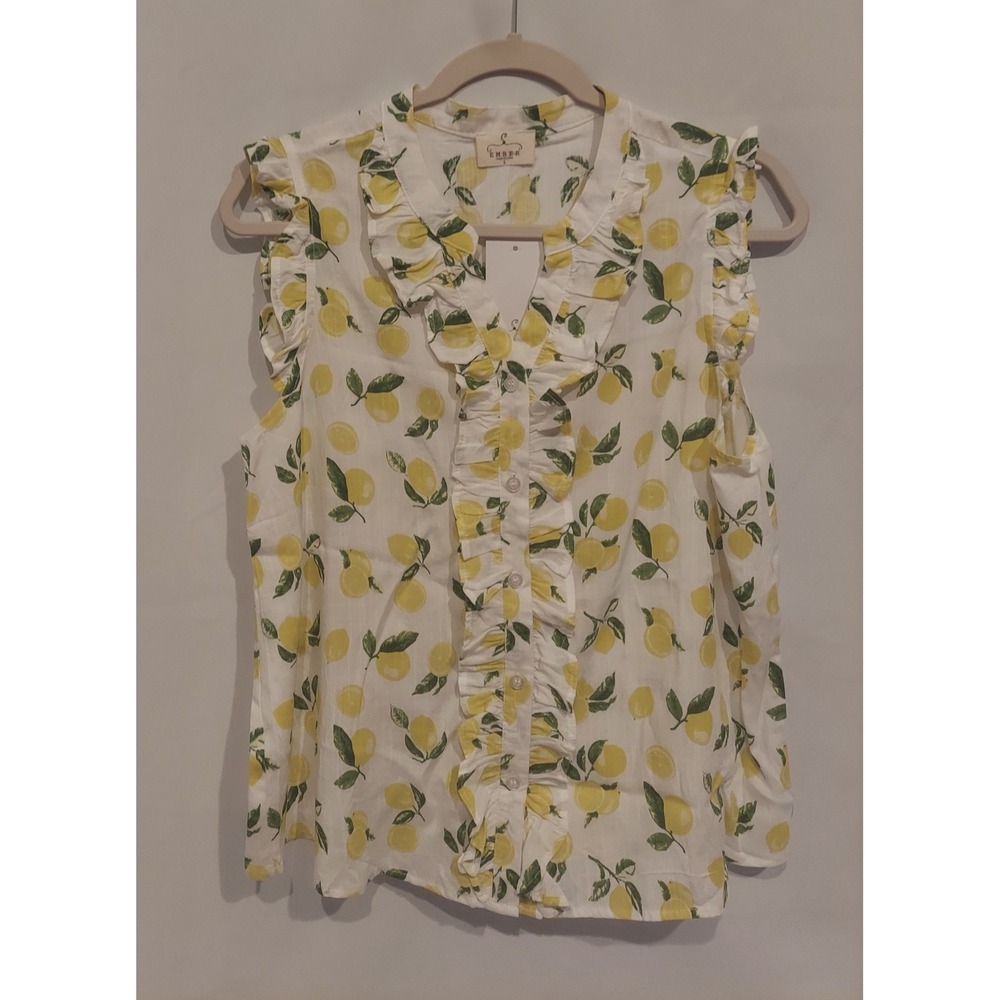 Ember Womens Lemon Print Sleeveless Ruffle Trim V-Neck Blouse Top Size Large NWT